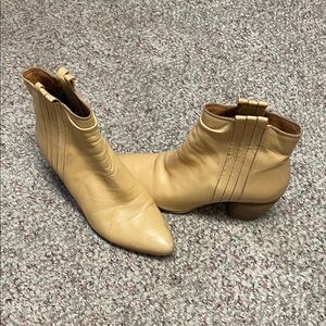 Miz mooz Alice Tan Leather Ankle Boots - Slip-On Low Heel with wood heel